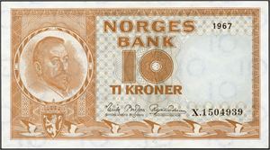 10 kroner 1967, serie X.1504939. Erstatningsseddel. 0
