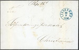 Ufrankert brevomslag, sendt i fra Arendal til Christiania, med dampskipsstempel "Lindesnæs 12.9.1856" i blått.