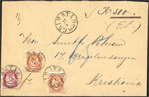 27,30. 90 øres innenlandsporto. To 20 øre og en 50 øre skravert Posthorn på bankokonvolutt (Kr 500,-), stemplet "Grimstad 12.4.1879".