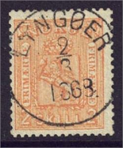 NK 12, prakt/lux stemplet "Lyngøer" 2-3-1868.