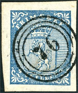 1. 4 skilling våpen 1855, anert med nummerstempel "76" (Frederiksstad, ØF). Gode marger.