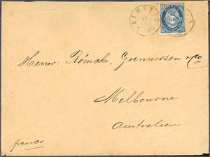 31. 60 øre skravert Posthorn på konvolutt til Melbourne, Australia, stemplet "Grimstad 29.4.1888". To australske stempler på baksiden. Konvolutten mangler deler av klaffen oppe.