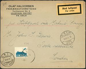 155 I. 45 øre Luftpost I på konvolutt, stemplet "Oslo Ullevål Haveby 13.6.27" og sendt med luftpost til London. Transittstemplet "Oslo Br. I. 14.6.27" på forsiden og ankomststemplet på baksiden.