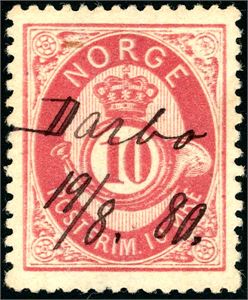 25 I. 10 øre skravert Posthorn, anert med håndskrevet stedsnavn "Darbo 19/8 80" (BU).