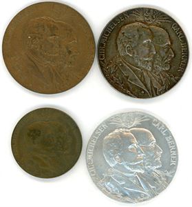 Lot 4 stk medaljer: Christian Michelsen & Carl Berner 1905. Sølv, bronse og aluminium. 35mm og forsølvet bronse 27mm. S&H.280 og 281. 01