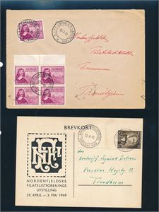 SÆRSTEMPLER "NORDENFJ. FILATELISTFOREN. UTSTILLING 1949" og "N.S.P.F. LANDSLEIR  - BORRE 1948" på kort/brev