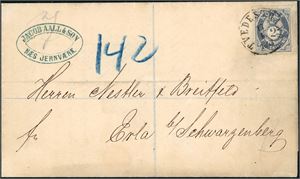 17 a. 2 skillings porto til Tyskland. 2 skilling Posthorn på trykksak til Schwarzenberg, stemplet "Tvedestrand 17.5.1873". "Christiania Omk" samt et tysk stempel på baksiden.