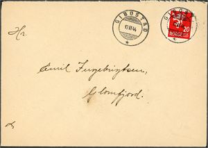 246. 20 øre Løve på konvolutt, annullert med hjelpestempel "Gibostad 17.2.44" (TR).