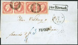5. 32 skillings porto til Russland. 8 skilling Oscar i horisontal 4-stripe på brevomslag til Riga, anert med nummerstempel "14" og ved siden stemplet "Arendal 21.9.1860". Baksiden med to ulike Hamburg-stempler.