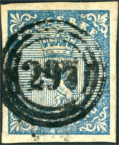 1. 4 skilling Våpen 1855, annullert med nummerstempel "297" (Sund i Lofoten, NO, 10 pkt). Normale marger. Papiret er noe gulnet. Attest FCM.