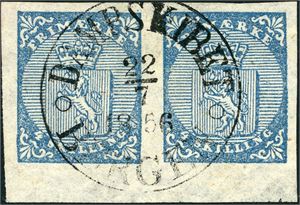 1. 4 skilling våpen 1855 i horisontalt par, anert med et velsentrert "Dampskibet Bergen 22.7.1856". Det av arkrand nede, de øvrige er også gode.