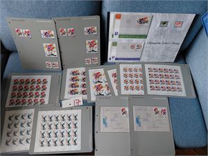 OL 1994 OL-merkene i helark (Nk 1201-02 stemplet) + noen enkeltmerker og 2 brev signert Grønningen, Eggen, Martinsen og Ellefsæter
