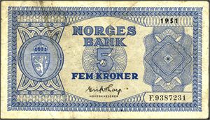 5 kroner 1951, serie F.9387231. 1-