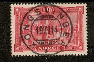 NORGE 1914 F124 Eidsvollsminnet 10 öre röd LYXSTÄMPLAT rätt tid  "Kongsvinger 19.08.14". Ett trevligt inslag i varje samling!