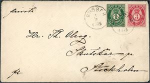 16,18. 4 skillings porto til Sverige. 1 skilling- og 3 skilling Posthorn på konvolutt til Stockholm, stemplet "Riisør 4.8.1875".