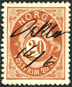 27. 20 øre skravert Posthorn, med håndskrevet dampskipsanering "Orkla 16/6".