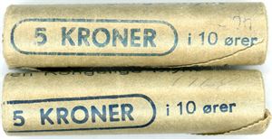 10 øre 1964 og 10 øre 1968 i hver sin originale rull av 50 mynter. 0