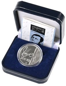 Mynt 200 kr 2008 Wergeland. 16.85 gram 925s. Kvalitet proof. Med eske og sertifikat.