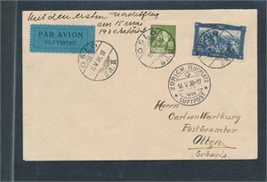 LUFTPOST 10 og 30øre Hellig Olav stemplet "OSLO 15 V 30" til Sveits. Påskrevet "Mit ersten Nachflug am 15 Mai befördert"