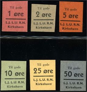 L.J. L.U. R.N. Kirkehavn. 6 ulike kredittmerker.