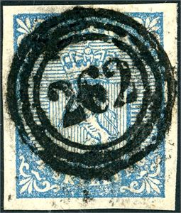 1. 4 skilling våpen 1855, anert med nummerstempel "262" (Sim, OP, 8 pkt). Normale marger.