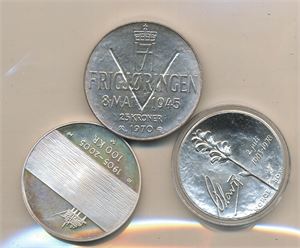 Sølv 100 kr 2004, 50 kr 1978, 25 kr 1970.  3 sølvmynter totalt 81 gran rent sølv.