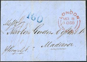 A complete letter from St Croix to Madeira, Portugal in 1858, privately carried to London. A red postmark "London Paid Mr 8 1858" and portugeese postage 160 (Reis) on front. A vertical crease goes through "160".
