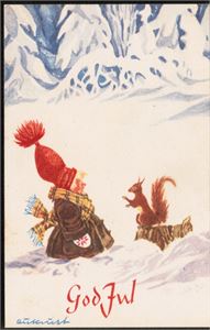 AUKRUST. Nisse og ekorn (Oppi 651/1). Stpl i 50. Kv.1