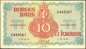10 kroner London, serie Z 443567. Svakt gul i papiret. Noen mindre flekker nede på adversen. 1
