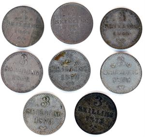 Syv stk 3 skillinger fra perioden 1868-1873. VK