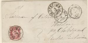 NK 25 I Brev med NK 25 I stemplet Skotselven 5/8-1877 sendt til Aalesund. sidest. Krania - Randsfjord II 5/8-1877 og Chra. 6/8-1877