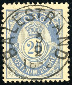 54 III t3. 20 øre 20 mm, rettvendt fullstemplet "Balestrand 5.2.1892". Luksus!