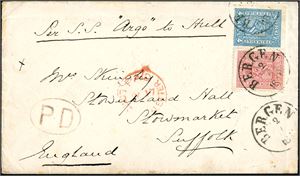 14,15. 12 skillings porto til England. 4 skill og 8 skill 8 på konvolutt til Suffolk, stemplet "Bergen 2.7.1871". Påskrevet "per S.S. Argo to Hull" oppe, og ved siden stemplet "London Shipletter My 17". "Stowmarket Jy 18 71" stemplet på baksiden.