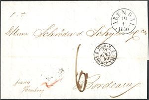 Komplett brev, stemplet "Arendal 19.4.1850" i svart og sendtt til Bordeaux. Fransk transittstempel samt portotall "6" på forsiden. Baksiden med tre stempler fra Hamburg samt ankomststempel "Bordeaux 29 Avril 50".