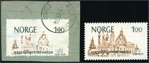 739. 1 kr UPU 1974 variant "Delvis manglende farge" på lite brevstykke, stemplet "Ålesund 9.11.74". Svak hjørnebrekk.