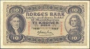 10 kroner 1935, serie U.0964215. 0