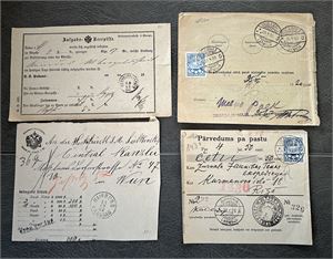 POSTALE DOKUMENTER/KVITTERINGER 4 gamle enheter, Østerrike og Latvija