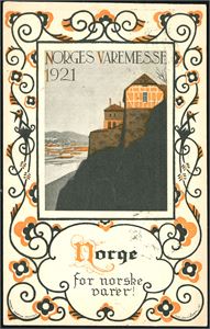 Norges Varemesse. 4 kort i småfortmat og et i storformat, samt et par "reklamekort" og billetter.