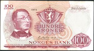 100 kroner 1973, serie Z 0133600. Erstatningsseddel. 01