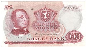100 kroner 1971 Z.5274824. 5-million erstatningsseddel. Kv.1/1+