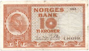 10 kroner 1965 Z.0641936 erstatningsseddel. Kv.1/1-