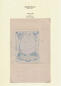 Aalesund bypost. Orginal skisse til frimerke Aalesunds bypost, 3 øre, rød (Pihl nr 6) tegnet med blå blyant på gråhvitt papir.  Medf. Attest fra NF 2001.