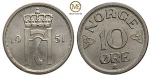 10 øre 1951 Haakon VII. Kv.0