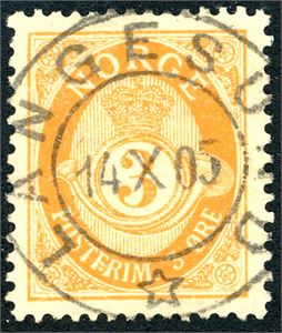 75 Y. 3 øre fintagget Knudsen med stående vannmerke, rettvendt fullstemplet "Langesund 14.10.05".