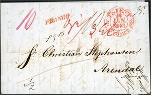 Komplett brev, stemplet "Triest Franco 24 Jun 1843" og sendt til Arendal. Baksiden med stempler fra "Berlin" og "Stralsund".