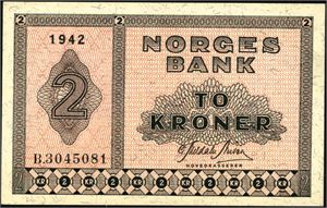 2 kroner 1942, serie B.3045081. 1+