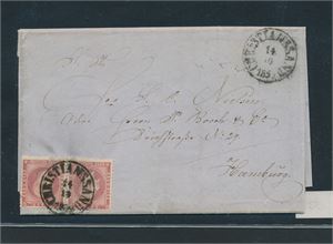 Brev med Nk 5 x2, 16 skilling til Tyskland stemplet "CHRISTIANSSAND 14-10-1859". Bra brev