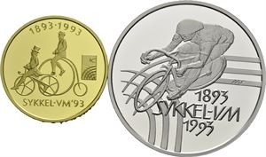 Sykkel VM 1993. Komplett sett med 1500 kroner gull og 2 x 100 kroner sølv. I orginalt treskrin. Proof