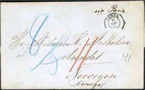 Komplett brev, stemplet "Cadiz 20 Nov" (1864) og sendt til Arendal, Norge. Baksiden stemplet "Madrid 28 Nov 64", "Verviers Coeln 30.11", "Lübeck", "K.D.O.P.A. Lübeck" og "Svinesund 5.12.1864".