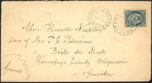 46. 20 øres porto til U.S.A. 20 øre 21 mm på konvolutt til Wisconsin, stemplet "Christianssand 20.5.87". Transittstempel "New York" og ankomststempel på baksiden.